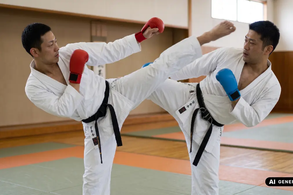 Mężczyźni w rękawicach trenujący karate