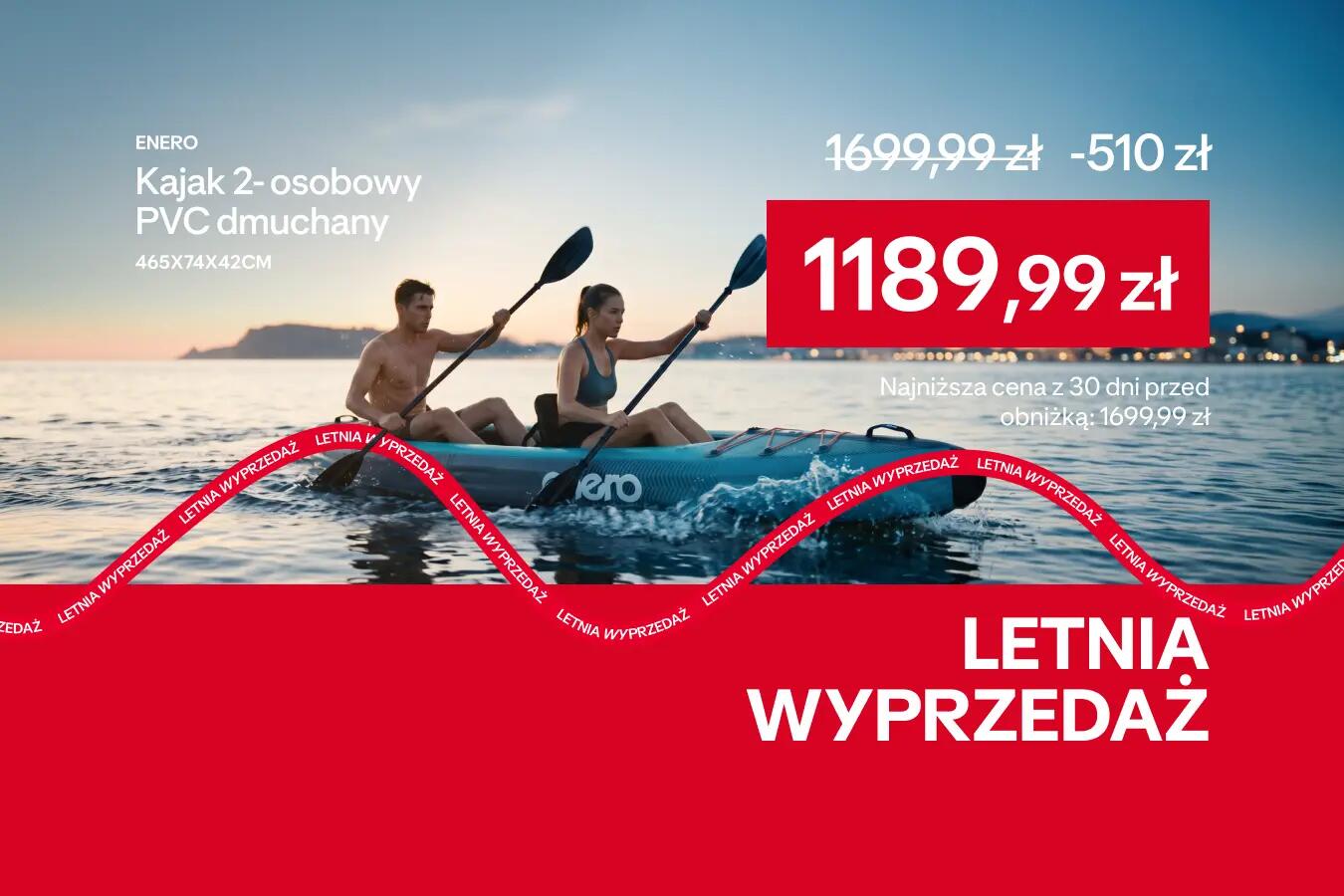 Oferta letniej wyprzedaży do -50%, kajak 2 osobowy PVC dmuchany ENERO za 1189,99 zł, najniższa cena z 30 dni 1699,99zł