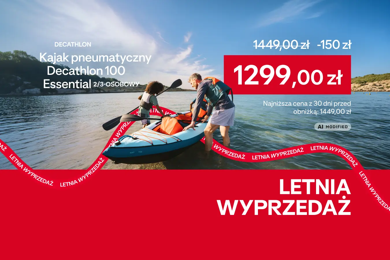 Oferta letniej wyprzedaży do -50%, kajak pneumatyczny Decathlon 100 essential 2/3 osobowy za 1299 zł, najniższa cena z 30 dni 1449zł