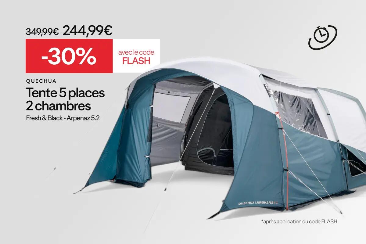 "QUECHUA Tente de camping 5 places 2 chambres, Fresh & Black, Arpenaz 5.2 349,99 € -30% avec le code FLASH 244,99€ après application du code"