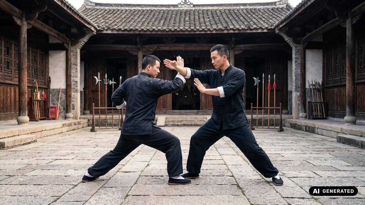 Mężczyźni trenujący kung fu