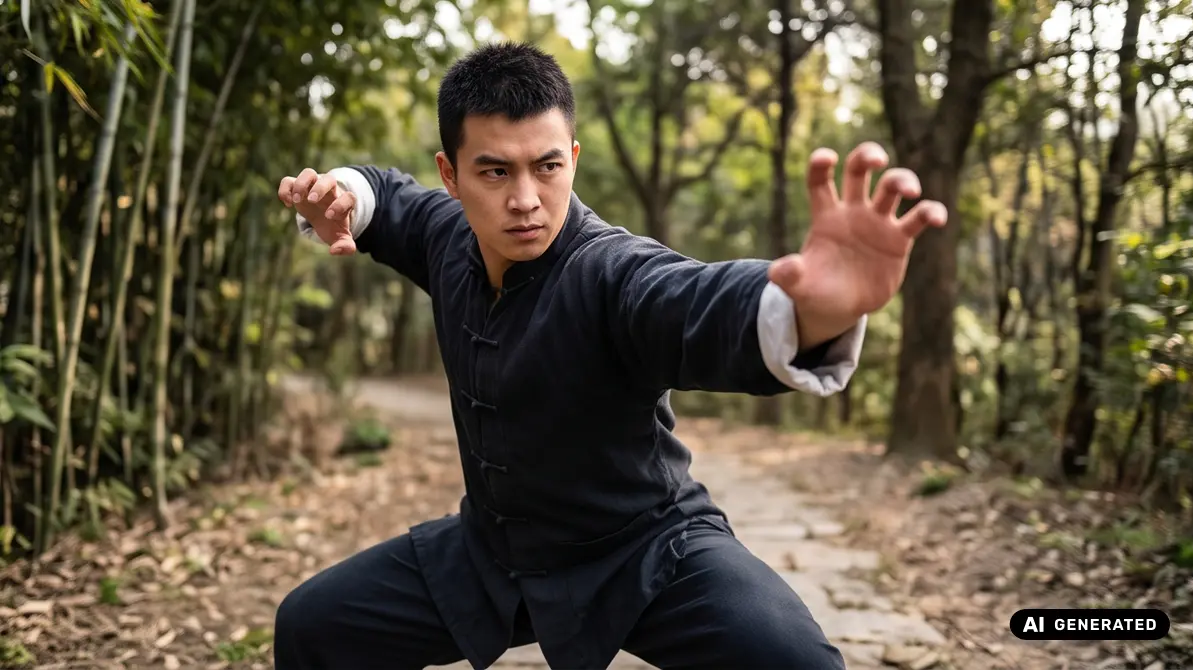 Mężczyzna trenujacy hung gar kung fu w lesie