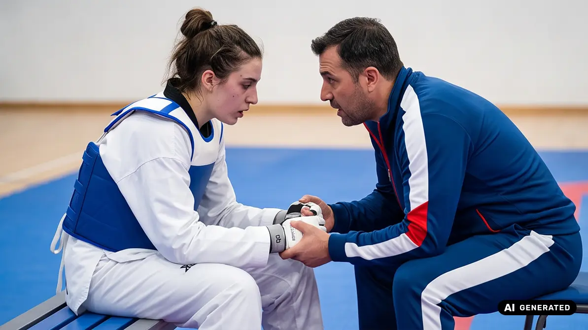 Trener rozmawiający z dziewczyną trenujaca taekwondo olimpijskie
