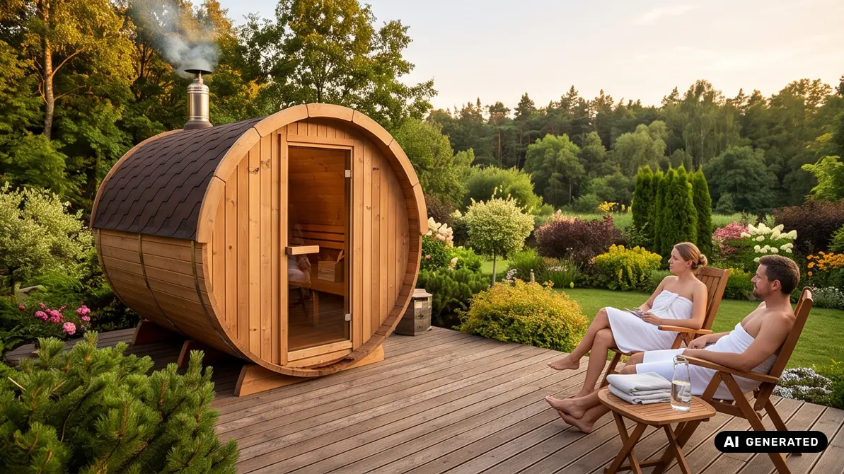 Sauna w ogrodzie obok para w ręcznikach siedząca na leżakach