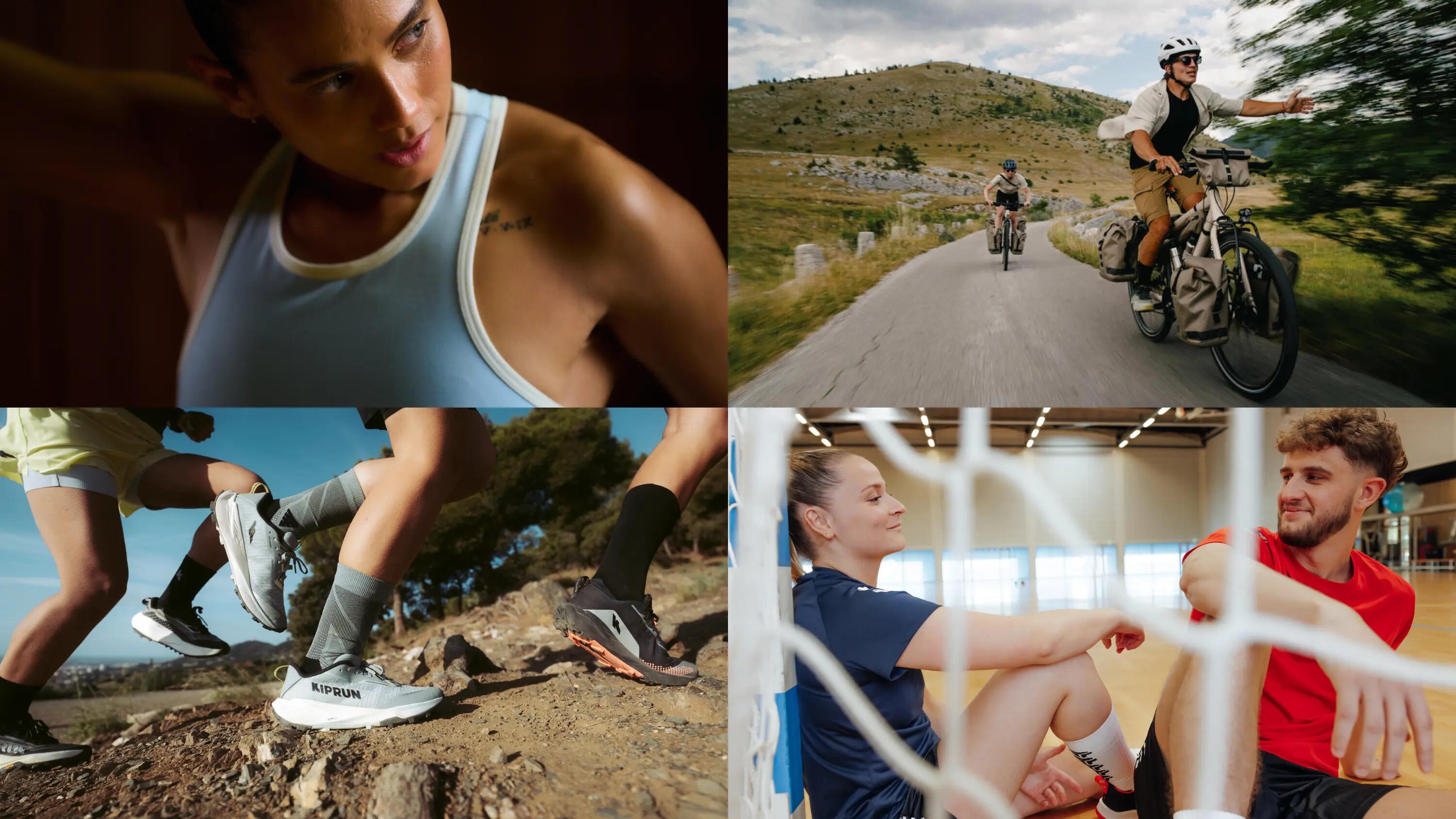 Eine Collage aus vier Sportmotiven: Oben links das Porträt einer fokussierten Athletin in einem hellblauen Sport-Top. Oben rechts zwei Radfahrer mit bepackten Tourenrädern auf einer Landstraße in einer bergigen Landschaft. Unten links eine Nahaufnahme der Beine und Schuhe von Läufern auf einem steinigen Trail (ein Schuh trägt den Schriftzug „KIPRUN“). Unten rechts ein Mann und eine Frau in Sportkleidung, die entspannt und lächelnd auf dem Boden einer Sporthalle sitzen, fotografiert durch die Maschen eines Tornetzes.