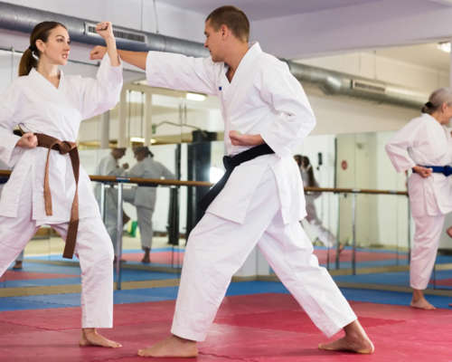 Ludzie w parach trenujący ciosy w karate