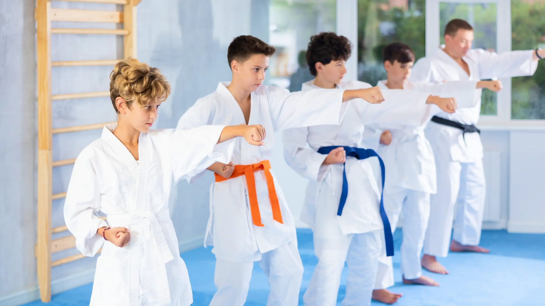 Chłopcy w karategach trenujące ciosy karate