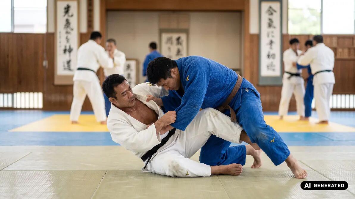 Mężczyźni trenujący randori w judo