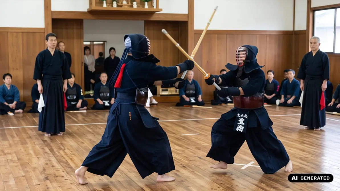 Ludzie trenujący kendo