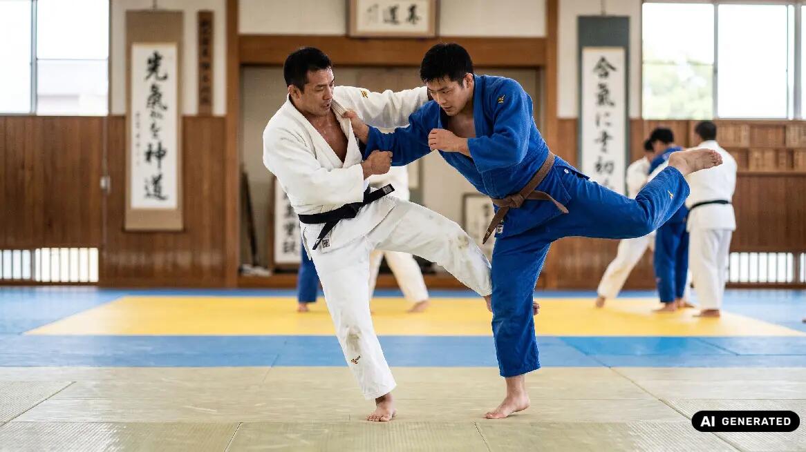 Mężczyźni trenujący randori w judo