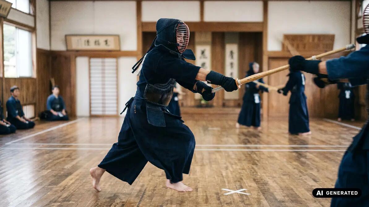 Ludzie trenujący kendo