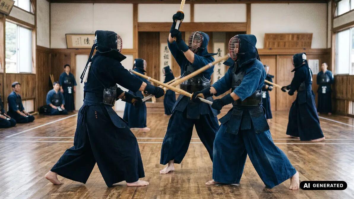 Ludzie trenujący kendo