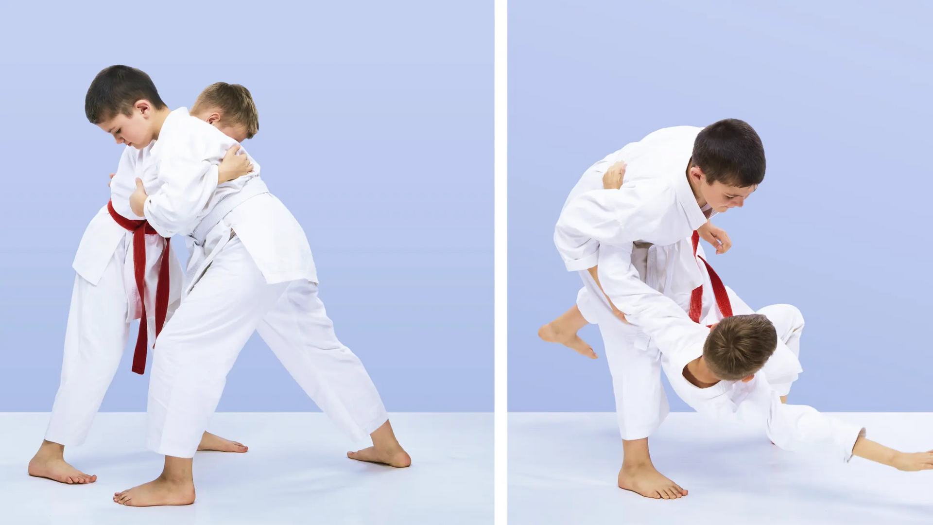 Chłopcy trenujący yoko otoshi w judo w karategach