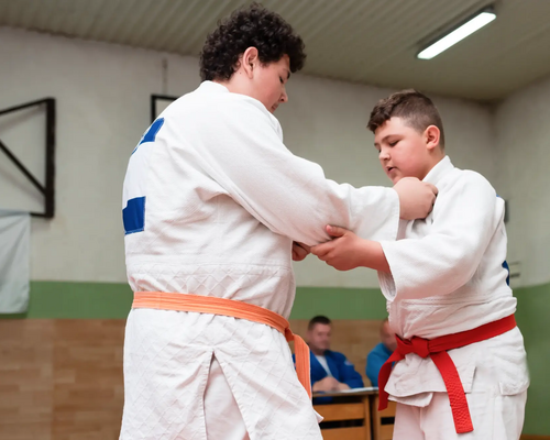 Chłopcy w judogach trenujący judo