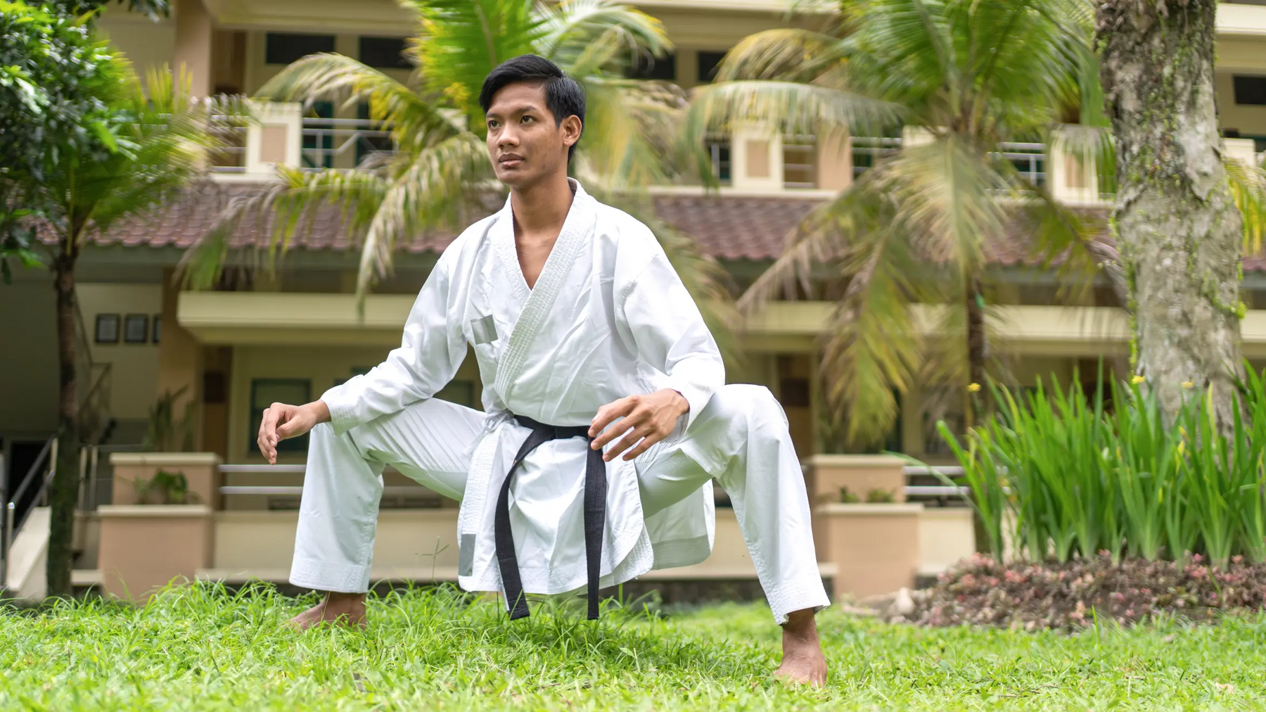 Mężczyzna w karatedze na trawie trenujący goju-ryu karate