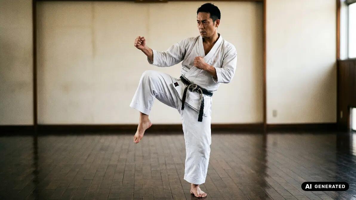 Mężczyzna w karatedze trenujący kopnięcia w karate