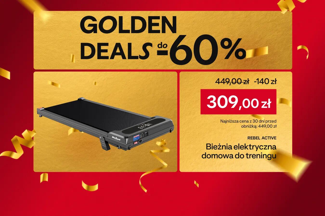 Golden Deals do -60%. Bieżnia elektryczna domowa do treningu lekka pilot wyświetlacz LED Rebel za 309,00 zł. Najniższa cena z ostatnich 30 dni przed wprowadzeniem obniżki 449,00 zł
