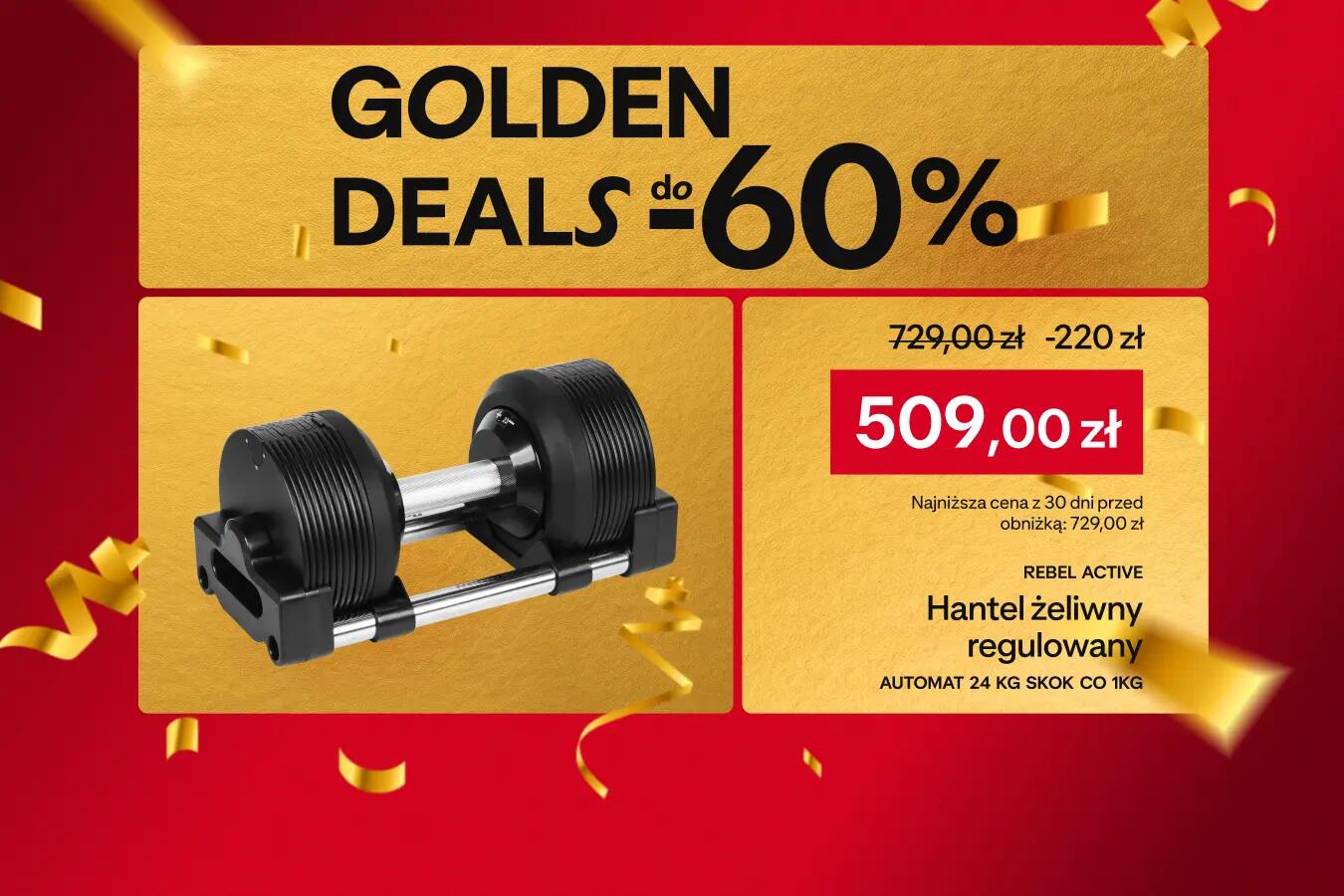 "Golden Deals do -60% REBEL ACTIVE Hantel żeliwny regulowany automat 24 kg skok co 1kg Rebel w cenie 509 PLN, najniższa cena z 30 dni 729 PLN"
