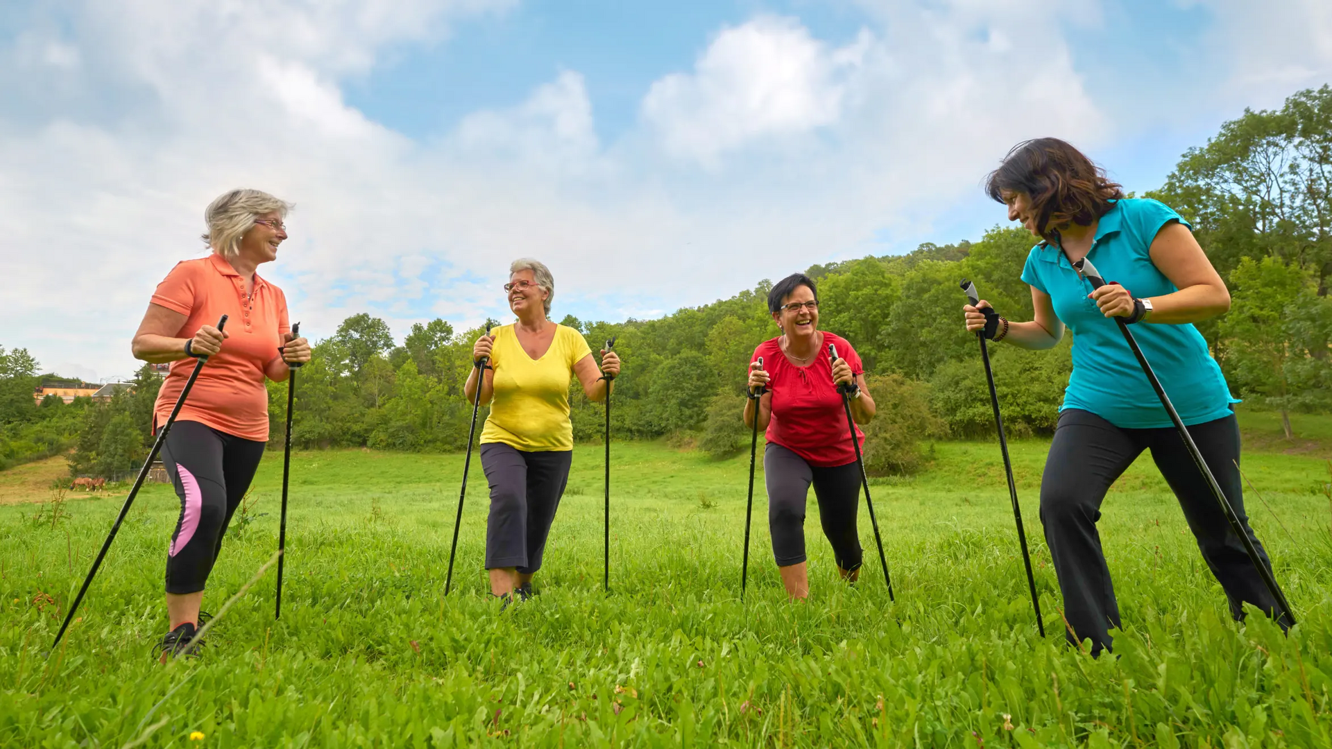 Seniorki stojące na trawie z kijkami do nordic walking