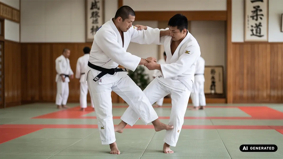 Dwóch mężczyzn trenujących de ashi harai w judo