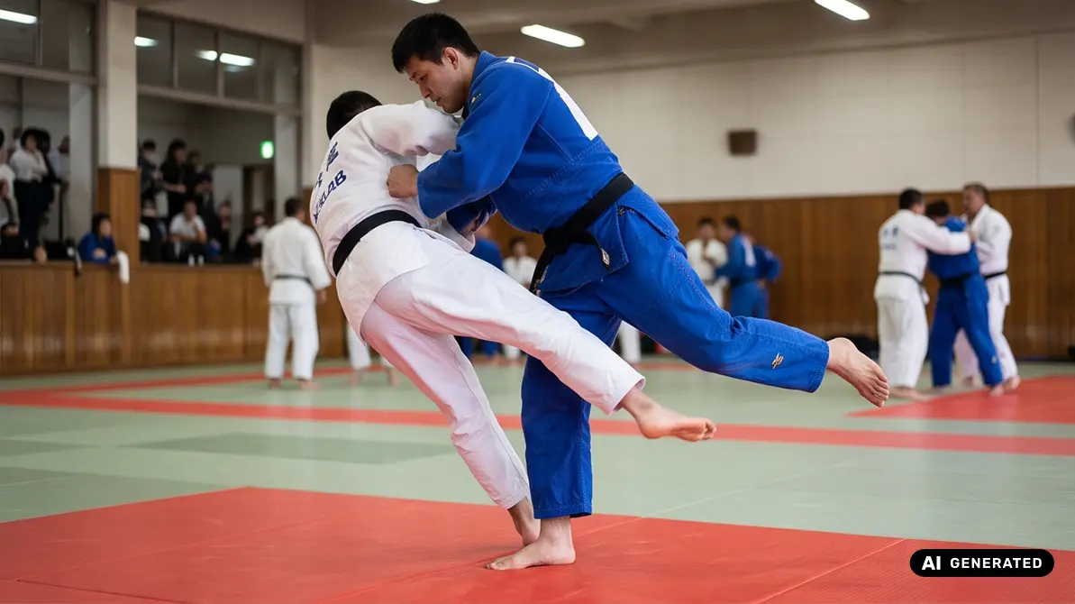 Dwóch mężczyzn trenujacych de ashi harai judo