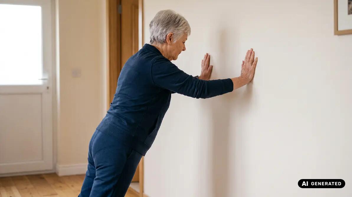 Seniorka opierająca ręcę na ścianie