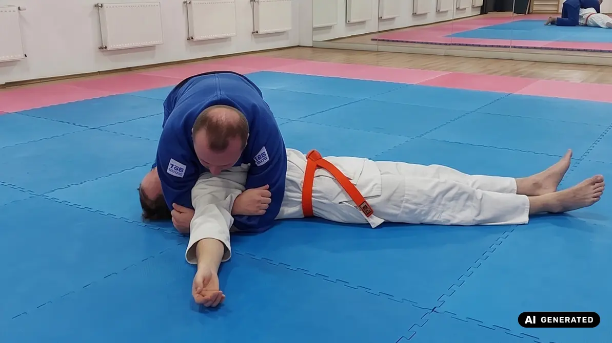 Dwóch mężczyzn leżących na macie w pozycji mune gatame w judo