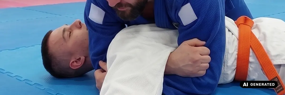 Dwóch mężczyzn leżących na macie w pozycji mune gatame w judo