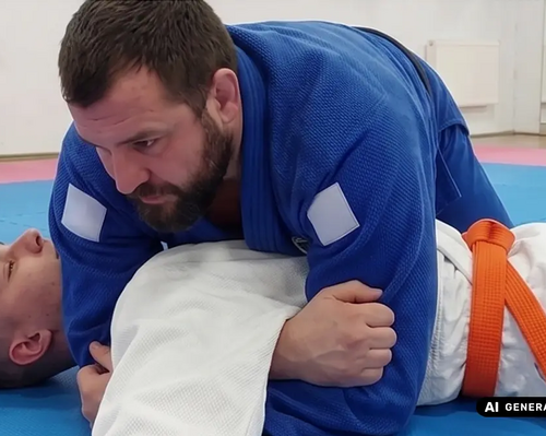 Dwóch mężczyzn leżących na macie w pozycji mune gatame w judo