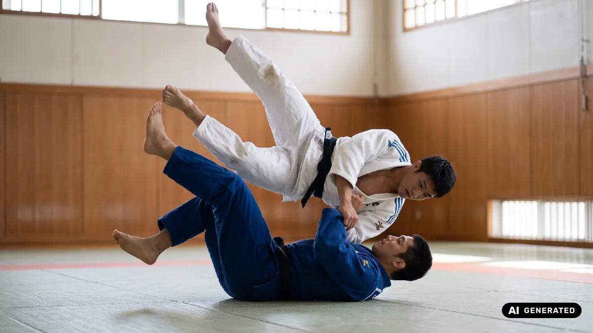 Dwóch mężczyzn trenujących ura nage w judo