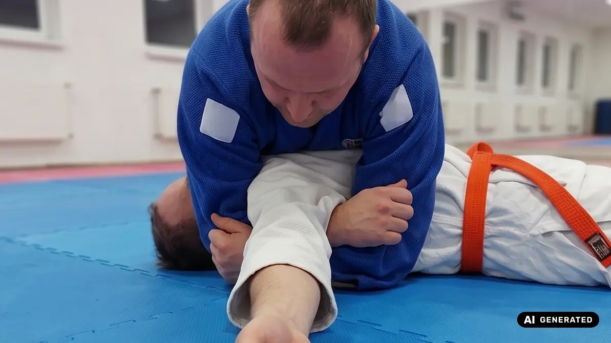 Dwóch mężczyzn leżących na macie w pozycji mune gatame w judo