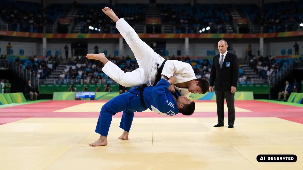Dwóch mężczyzn trenujących ura nage w judo obok sędzia