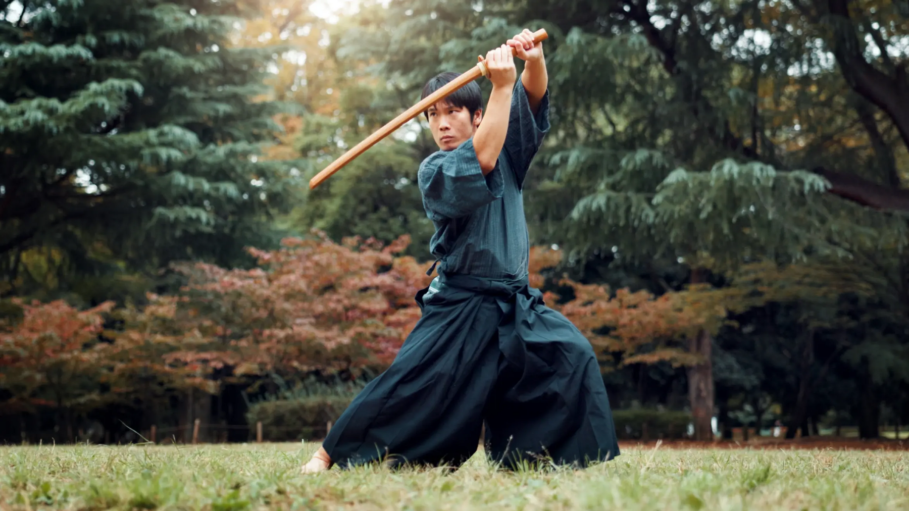 Mężczyzna ćwiczący aikido na trawie