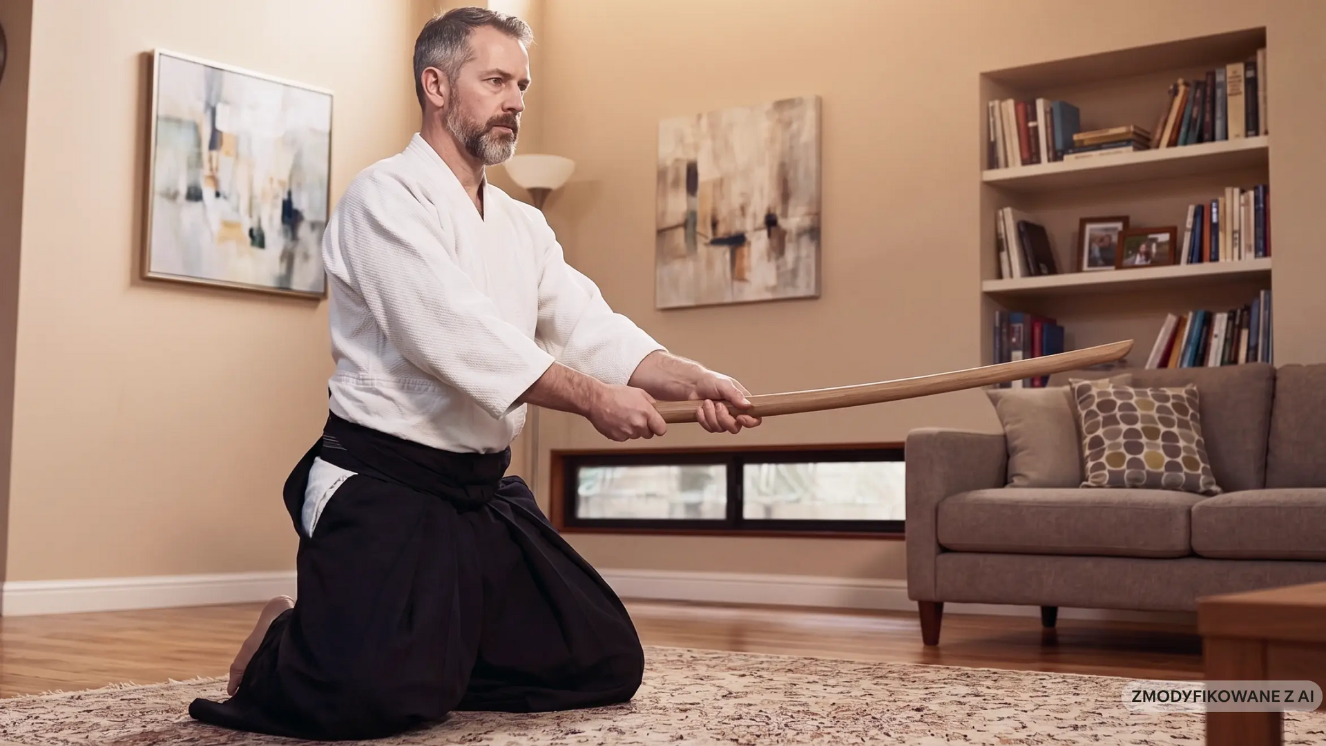 Mężczyzna ćwiczący aikido w domu
