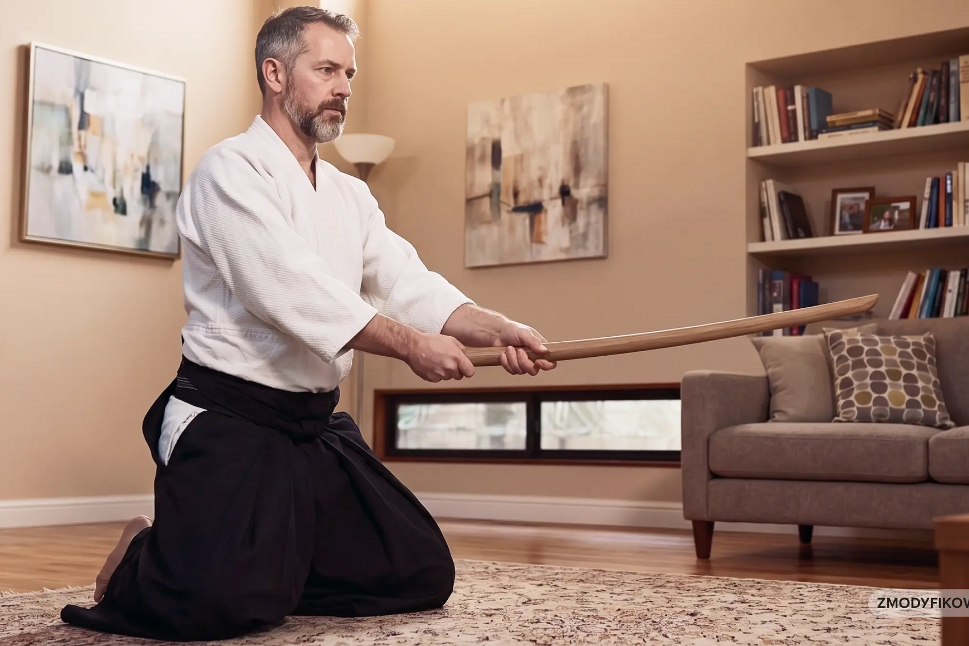 Mężczyzna ćwiczący aikido w domu