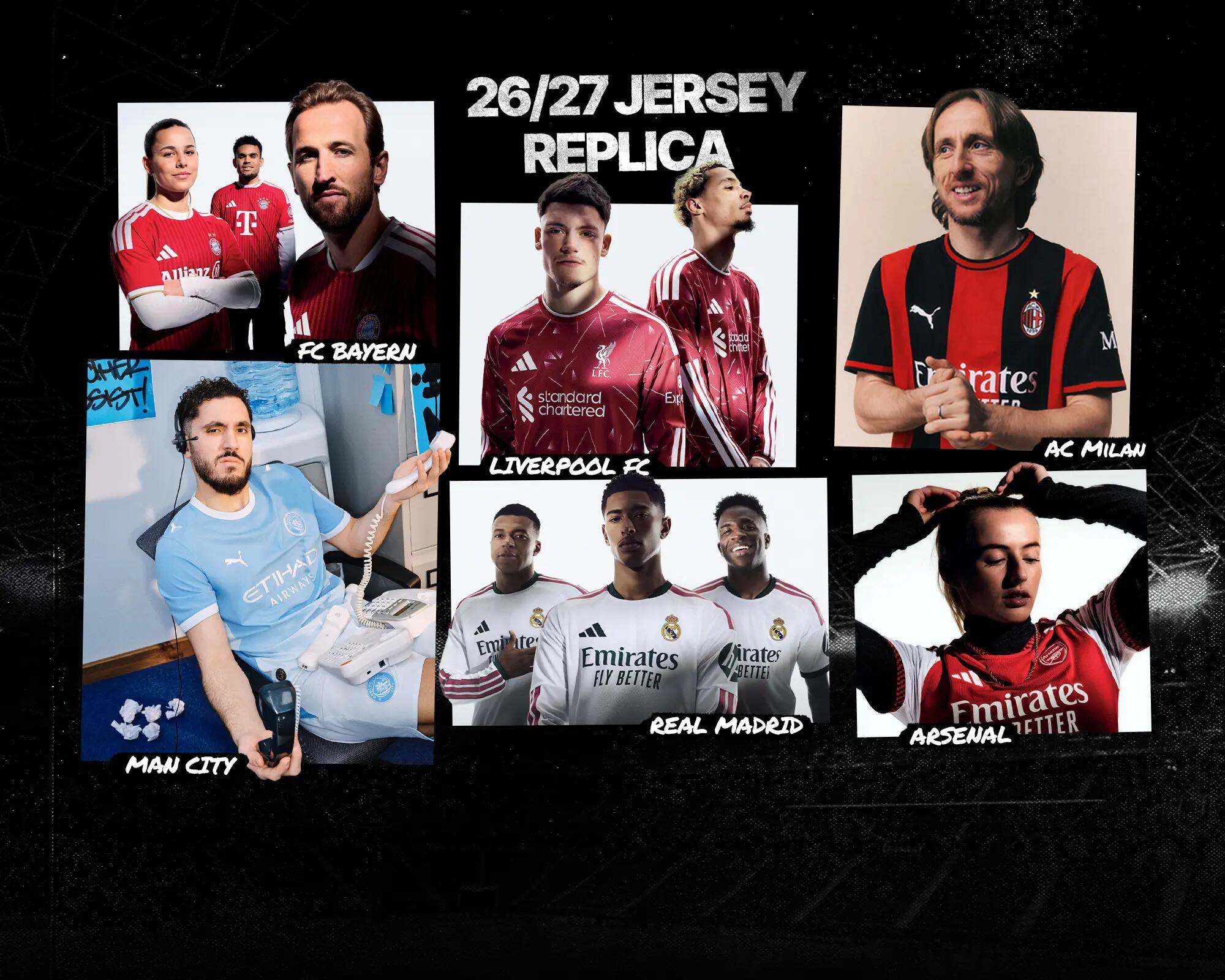 Das Bild zeigt eine Collage mit Fußballspielern und -spielerinnen, die die Trikots der Saison 26/27 für Vereine wie FC Bayern, Liverpool, AC Milan, Man City, Real Madrid und Arsenal präsentieren.