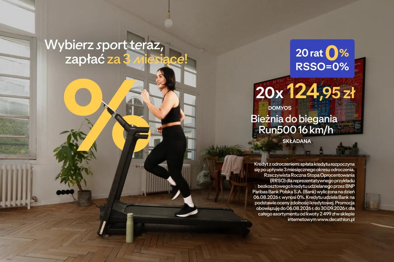 Raty 20x0% z BNP Paribas. Bieżnia do biegania Run 500,  20 płatności po 124,95zł. Baner sponsorowany przez BNP Paribas Bank Polska S.A.