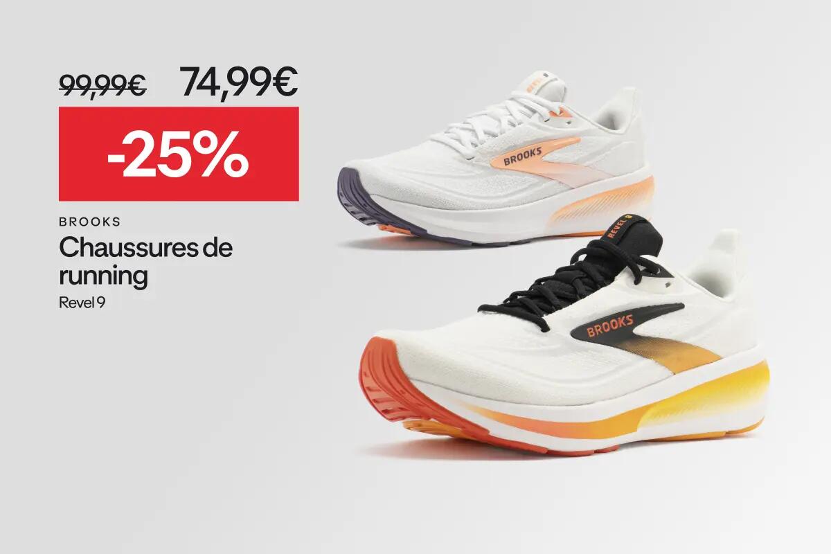 BROOKS Chaussure de running homme, Brooks Revel 9 blanche et orange & BROOKS Chaussure de running femme Brooks Revel 9 à 74,99 € -25% soit au lieu de 99,99 €