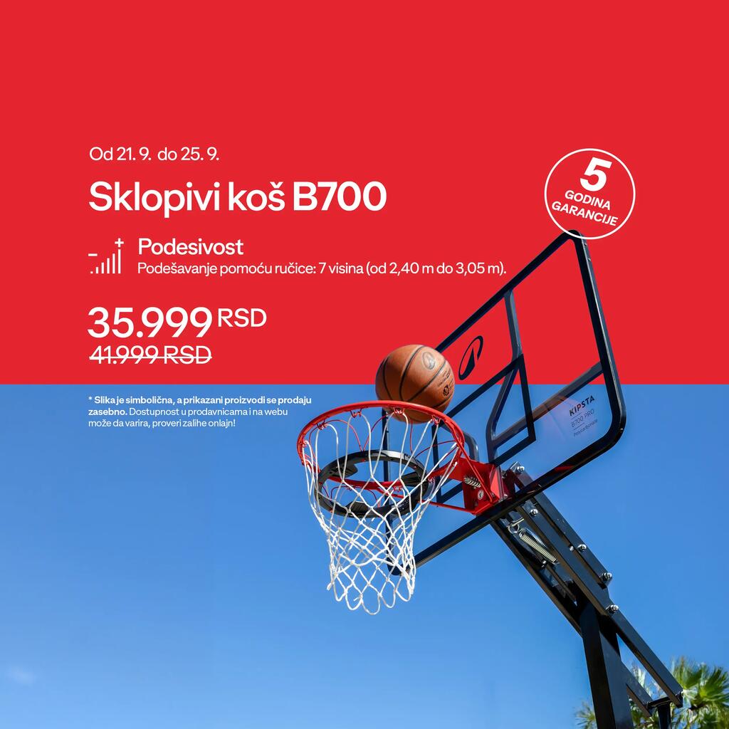 Podesivi košarkaški koš B700 sa loptom na obruču, po akcijskoj ceni od 289,99 €.