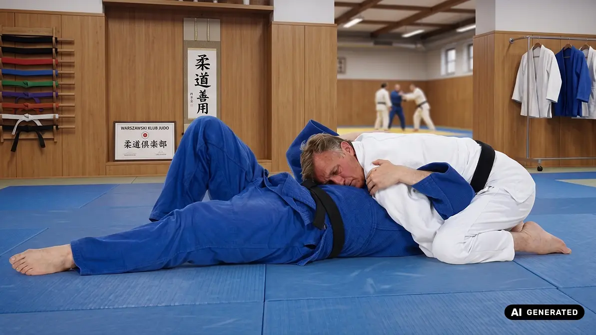 Mężczyźni w judogach ćwiczący na podłodze kuzure kami shiho gatame w judo