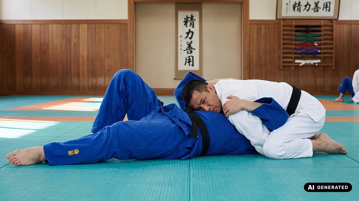 Mężczyźni w judogach ćwiczący na podłodze kuzure kami shiho gatame w judo