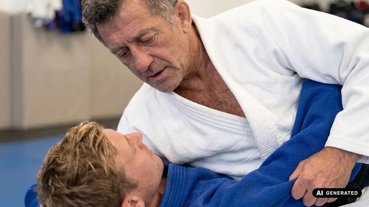 Mężczyźni w judogach ćwiczący na podłodze kuzure kesa gatame w judo