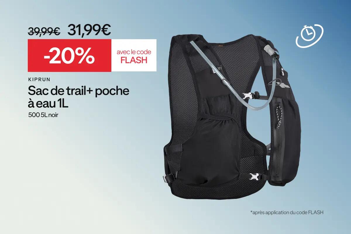 KIPRUN Sac trail running mixte + poche à eau 1L incluse - KIPRUN 500 5L NOIR à -20% avec le code FLASH soit 31,99€ au lieu de 39,99€