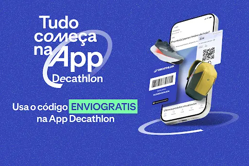 Tudo começa na App Decathlon. Usa o código ENVIOGRATIS na App Decathlon. Joga no Quiz da App Decathlon e ganha todos os dias.