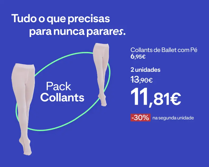 Pack promocional de dois collants de ballet rosa com pé a 11,88€, com 30% de desconto na segunda unidade.