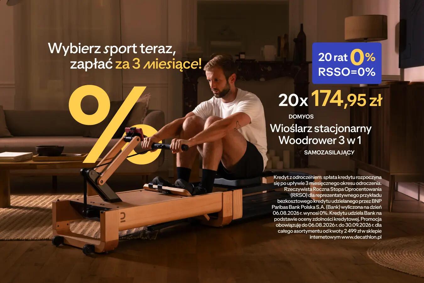 Raty 20x0% z BNP Paribas. Wioślarz stacjonarny Woodrower 3 w 1, 20 płatności po 174,95zł. Baner sponsorowany przez BNP Paribas Bank Polska S.A.