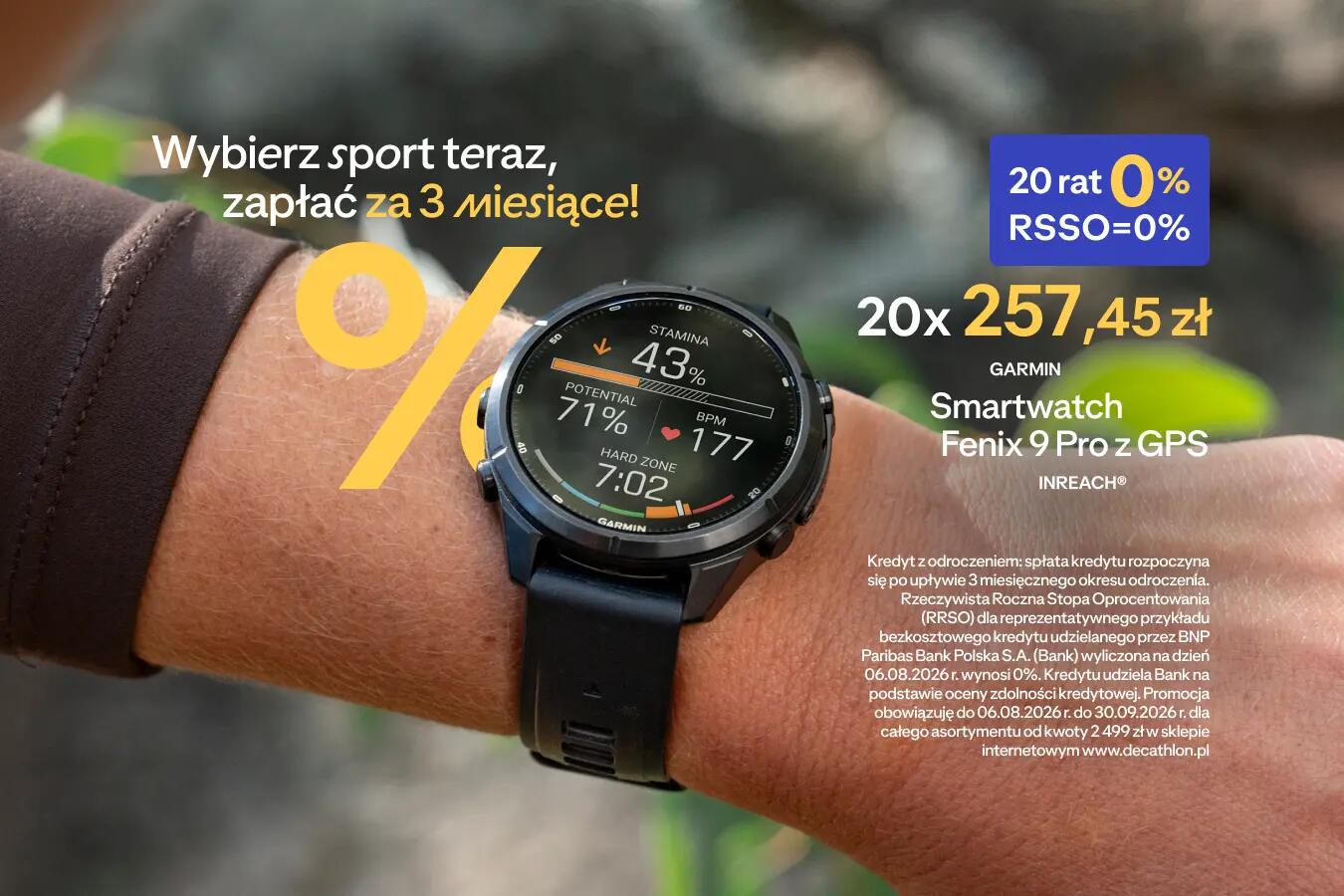 Raty 20x0% z BNP Paribas. Garmin Smartwatch Fenix 9 PRO z GPS, 20 płatności po 257,45zł. Baner sponsorowany przez BNP Paribas Bank Polska S.A.