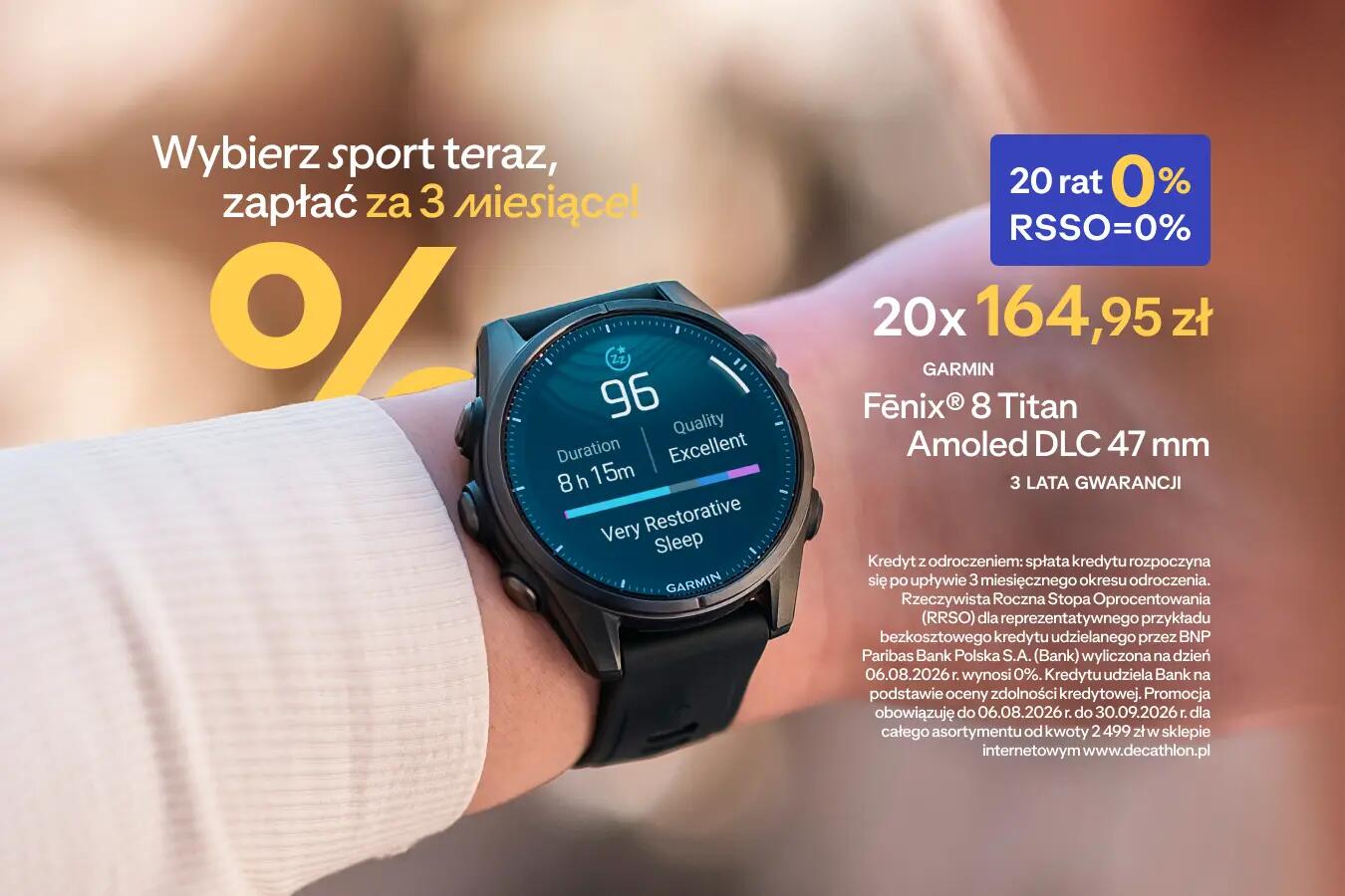 Raty 20x0% z BNP Paribas. Garmin Smartwatch Fenix 8 z GPS, 20 płatności po 164,95zł. Baner sponsorowany przez BNP Paribas Bank Polska S.A.