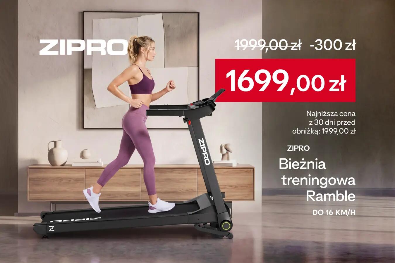 ZIPRO Bieżnia treningowa Ramble. Do 16km/h. Cena obniżona o -300zł z1999,00 zł na1699,00 zł. Najniższa cena z 30 dni przed obniżką: 1999,00 zł
