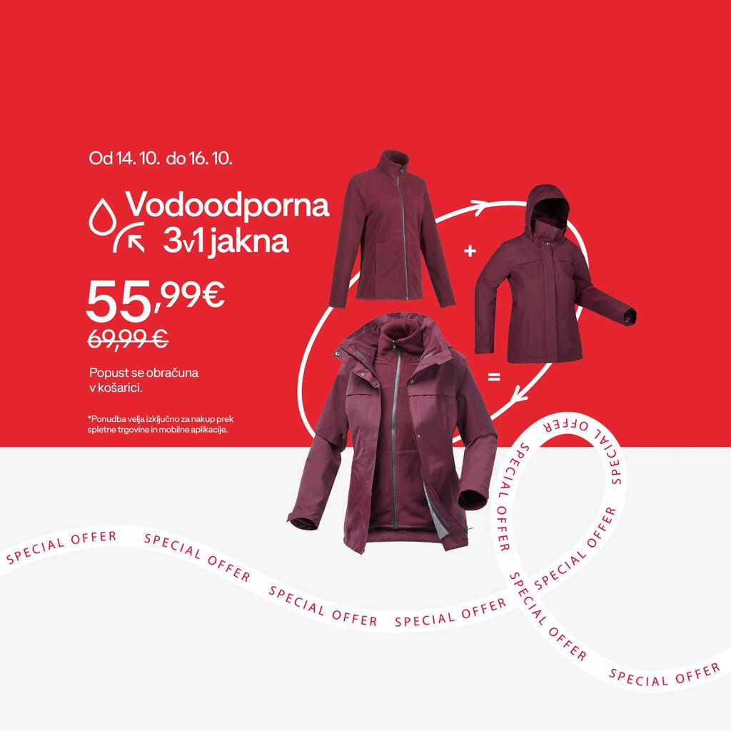Vodoodporna 3 v 1 jakna. Prvotna cena je 69.99€, znižana cena je 55.99€.